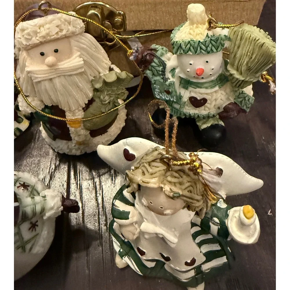 Holiday Treasures Ornament Set Snowman Angel Rustic Resin 5pc With Box Folk Art